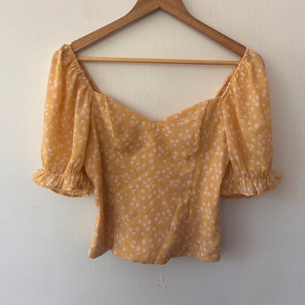 Abercrombie & Fitch Smocked Top Size Small Yellow Floral Puff Sleeve Cottagecore